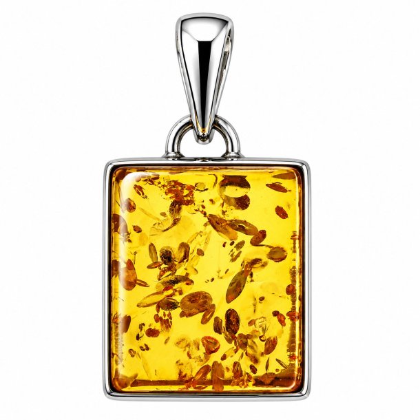 Firkantet Rav Vedh�ng i 925 Sterling S�lv � �gte Rav med Naturlige Inklusioner