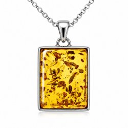 Firkantet Rav Vedh�ng i 925 Sterling S�lv � �gte Rav med Naturlige Inklusioner