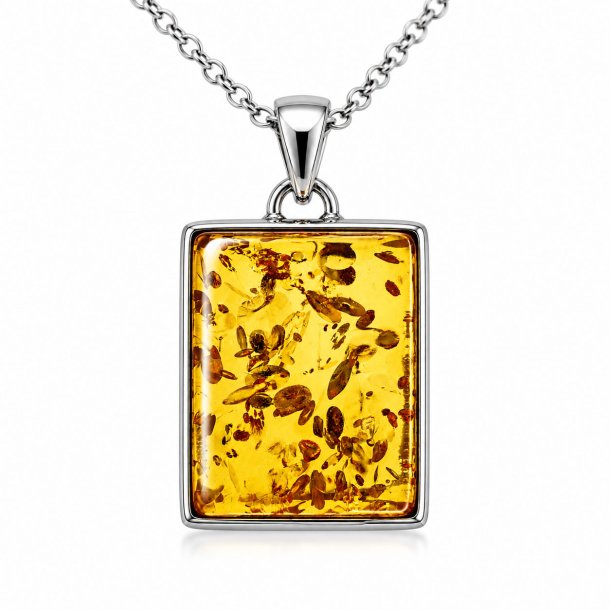 Firkantet Rav Vedh�ng i 925 Sterling S�lv � �gte Rav med Naturlige Inklusioner