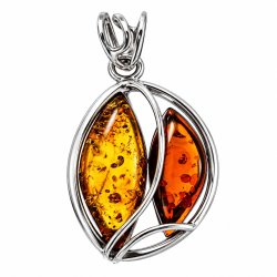 Unikt Rav Vedh�ng med Tofarvet Rav i 925 Sterling S�lv