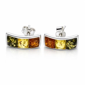 Gebogene Ohrstecker mit Echtem Mehrfarbigem Baltischem Bernstein in 925 Sterling Silber