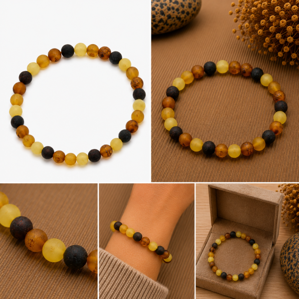 Mehrfarbiges Bernsteinarmband mit kleinen, matten Bernsteinperlen � Echtes Bernstein