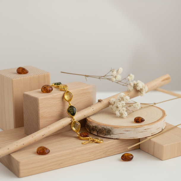 H�ndlavet nordisk ravarmb�nd i 14K forgyldt s�lv � elegant skandinavisk design