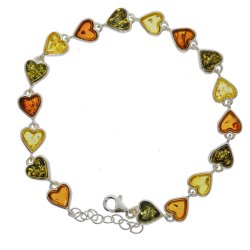 Hjerteformet slvarmbnd med rav i forskellige farver