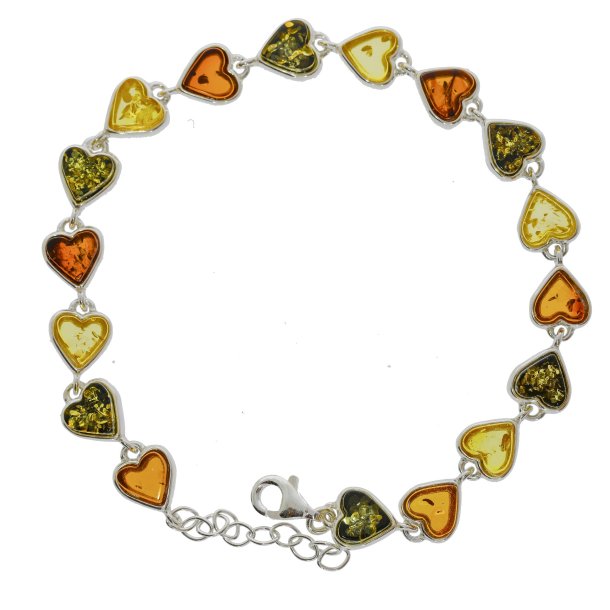 Hjerteformet slvarmbnd med rav i forskellige farver