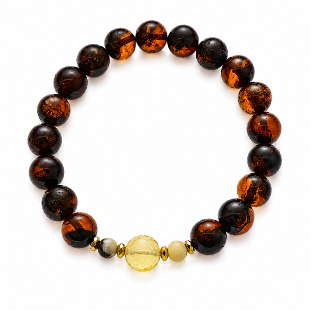 Exklusives Armband mit echtem dunklem Bernstein und einer facettierten Mittelperle