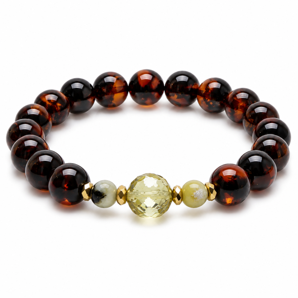 Exklusives Armband mit echtem dunklem Bernstein und einer facettierten Mittelperle