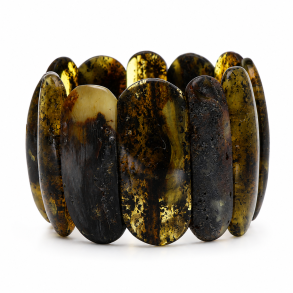 Bredt M�rkt Ravarmb�nd med Store Flade Ravstykker � Unikt Naturdesign