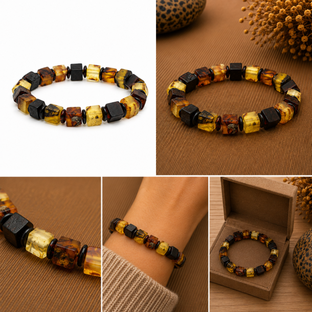 Einzigartiges, mehrfarbiges Bernsteinarmband mit quadratischen Bernsteinperlen � modernes Design