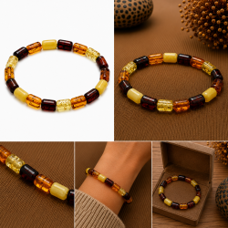 Mehrfarbiges Bernsteinarmband mit l�nglichen Perlen � poliertes echtes Bernstein