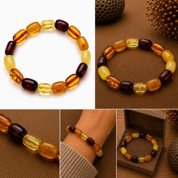 Elegantes, mehrfarbiges Bernsteinarmband mit polierten, l�nglichen Perlen � Echter Bernstein