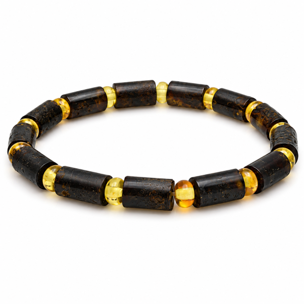 Dunkles Bernsteinarmband mit l�nglichen Bernsteinperlen und goldenen Zwischenperlen � Echtes Bernstein