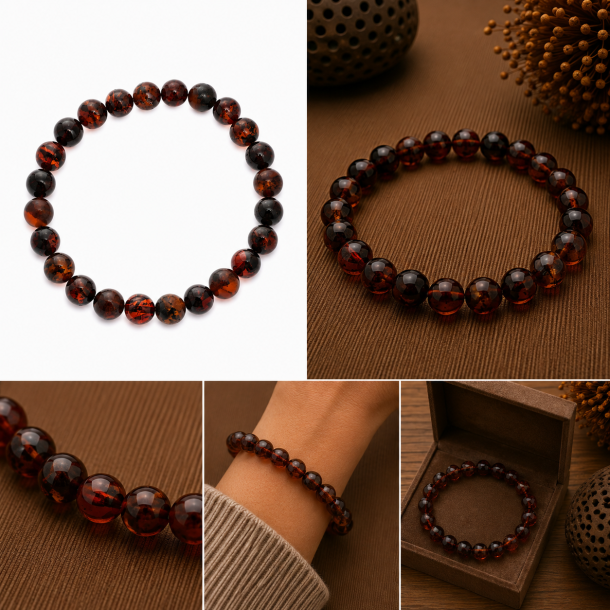 Armband aus dunklem Kirschbernstein mit runden Perlen � Echter Bernstein