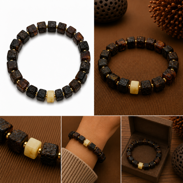 Einzigartiges Armband aus dunklem Bernstein mit quadratischen Bernsteinperlen � rustikales nordisches Design