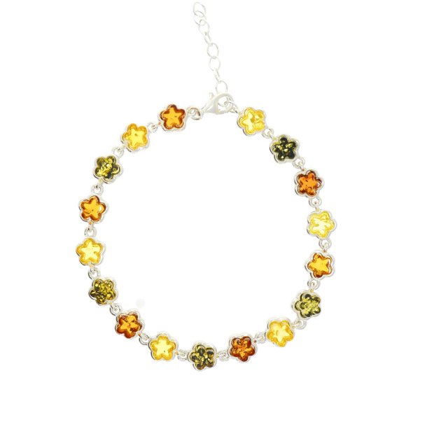 Farverigt armbnd med lille blomst af rav og slv