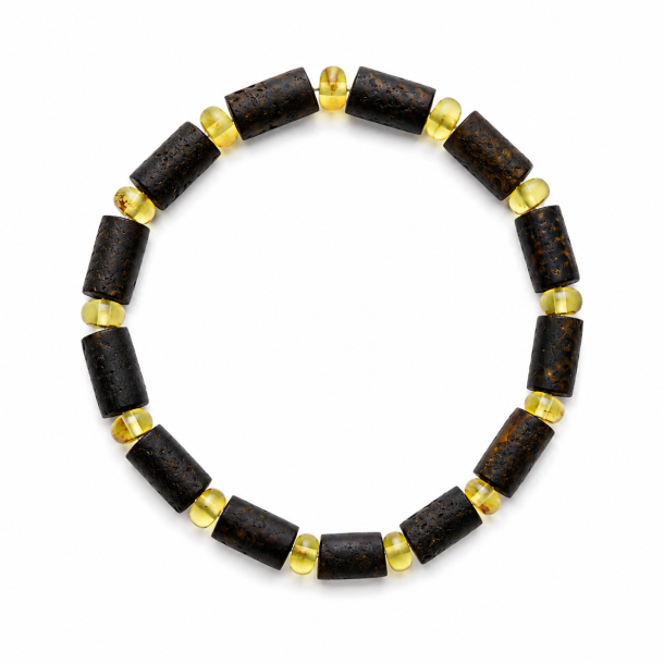 Dunkles Bernsteinarmband mit l�nglichen Bernsteinperlen und goldenen Zwischenperlen � Echtes Bernstein
