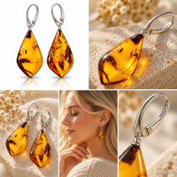 Exklusive lange Bernstein-Ohrringe aus echtem Bernstein und 925 Sterling Silber. Die gro�en, kantig geschliffenen Bernsteine begeistern mit warmen Gold- und Cognact�nen sowie individuellen nat�rlichen Strukturen.