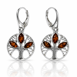 Elegante Lebensbaum Ohrringe mit echtem Cognac-Bernstein und Silber. Drei Bernsteinbl�tter pro Ohrring in einem symbolischen, naturinspirierten Design.