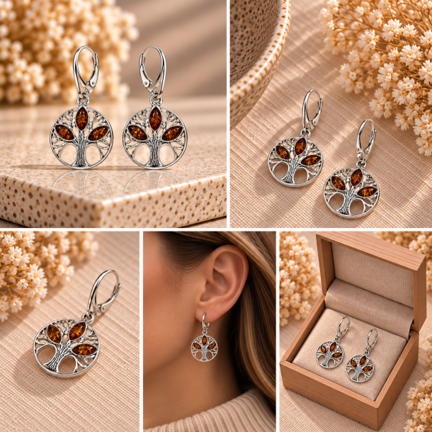 Elegante Lebensbaum Ohrringe mit echtem Cognac-Bernstein und Silber. Drei Bernsteinbl�tter pro Ohrring in einem symbolischen, naturinspirierten Design.