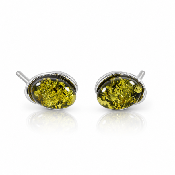 Ovale Ohrstecker mit Echtem Gr�nen Bernstein und Silber � Elegantes Naturdesign