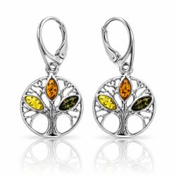 Elegante Lebensbaum Ohrringe mit echtem Bernstein in Gelb, Cognac und Gr�n. Detailreiches Silberdesign mit drei nat�rlichen Bernsteinfarben.
