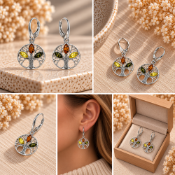 Elegante Lebensbaum Ohrringe mit echtem Bernstein in Gelb, Cognac und Gr�n. Detailreiches Silberdesign mit drei nat�rlichen Bernsteinfarben.