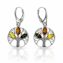 Elegante Lebensbaum Ohrringe mit echtem Bernstein in Gelb, Cognac und Gr�n. Detailreiches Silberdesign mit drei nat�rlichen Bernsteinfarben.