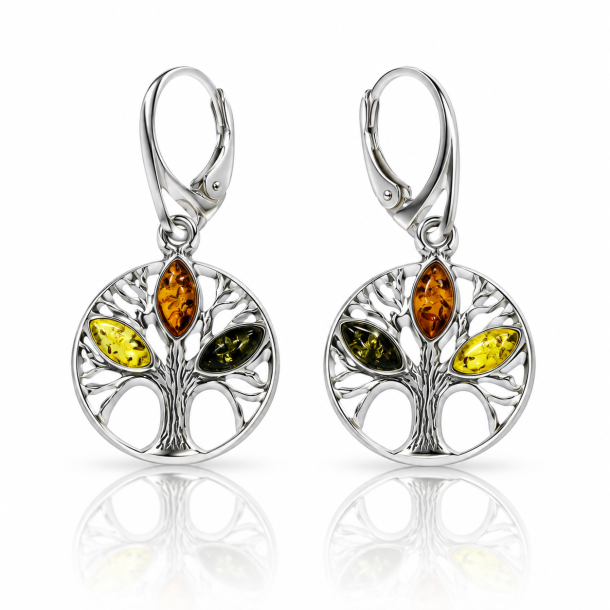 Elegante Lebensbaum Ohrringe mit echtem Bernstein in Gelb, Cognac und Gr�n. Detailreiches Silberdesign mit drei nat�rlichen Bernsteinfarben.