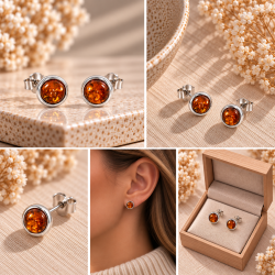 Lille Runde Rav �restikker med Cognac Rav og S�lv � Klassisk Elegant Design