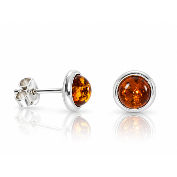 Lille Runde Rav �restikker med Cognac Rav og S�lv � Klassisk Elegant Design