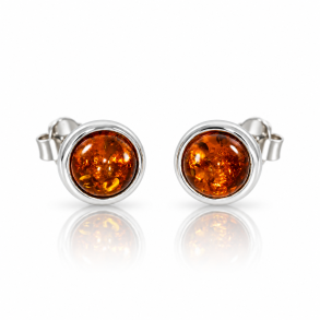 Lille Runde Rav �restikker med Cognac Rav og S�lv � Klassisk Elegant Design