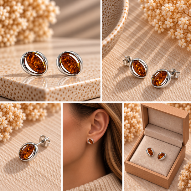 Moderne Ovale Rav �restikker med Cognac Rav og S�lv