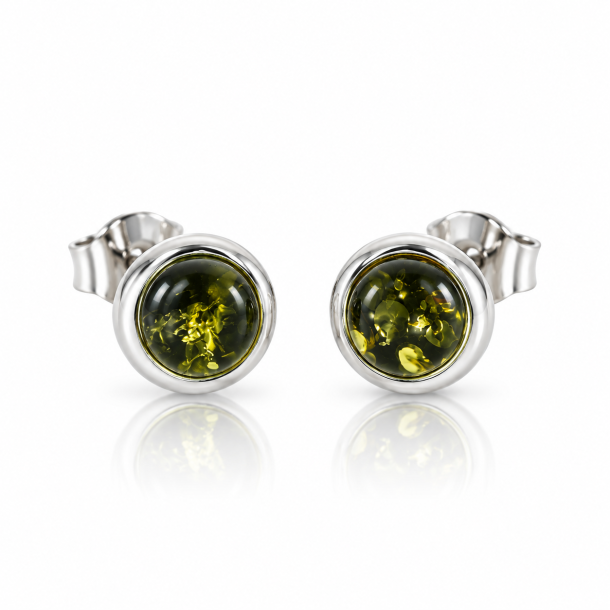 Runde �restikker med �gte Gr�n Rav og S�lv � Elegant Klassisk Design