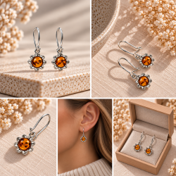 Sm� Blomster Rav�reringe i 925 Sterling S�lv � Cognac Rav