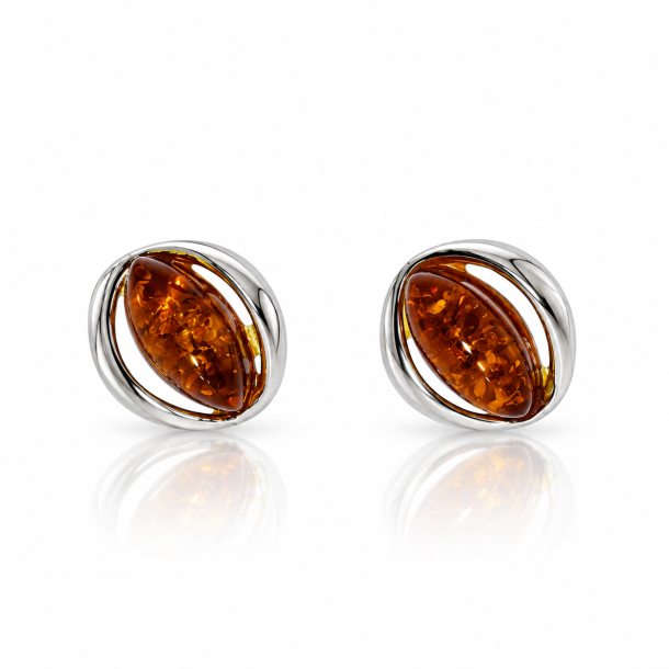Moderne Ovale Rav �restikker med Cognac Rav og S�lv