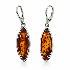 Elegante Lange Rav �reringe i 925 Sterling S�lv � Cognac Rav