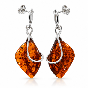 Moderne Rav �reringe i 925 Sterling S�lv � Cognac Rav med Organisk Design