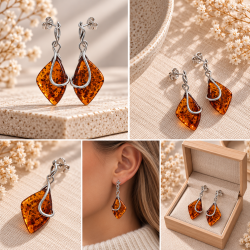 Moderne Rav �reringe i 925 Sterling S�lv � Cognac Rav med Organisk Design