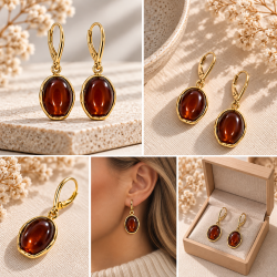Klassiske H�ndlavet Ovale Rav �reringe i 925 Sterling S�lv � M�rk Cognac Rav