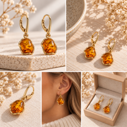 Klassiske H�ndlavet Ovale Rav �reringe i 925 Sterling S�lv � Cognac Rav