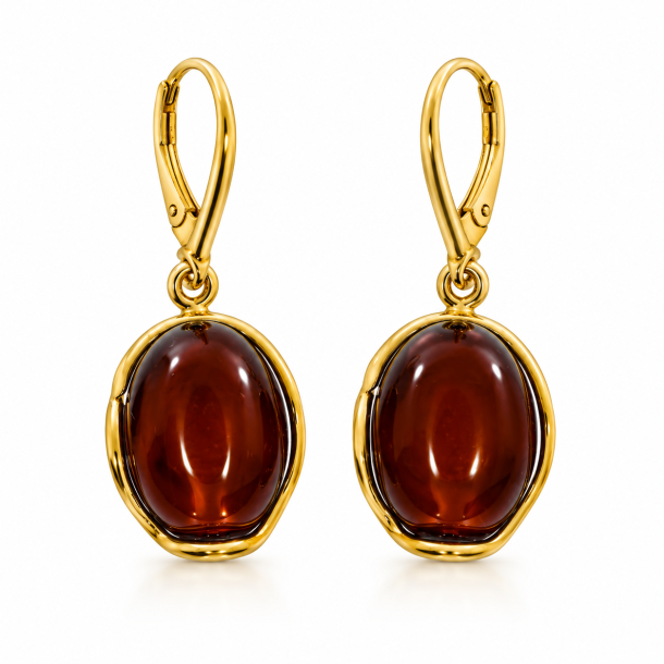 Klassiske H�ndlavet Ovale Rav �reringe i 925 Sterling S�lv � M�rk Cognac Rav