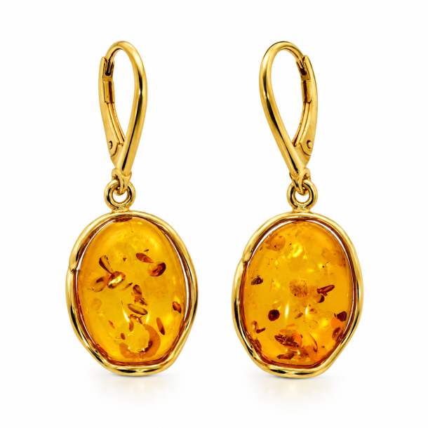 Klassiske H�ndlavet Ovale Rav �reringe i 925 Sterling S�lv � Cognac Rav