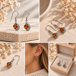 Rav �reringe med M�ne i 925 Sterling S�lv � Cognac Rav