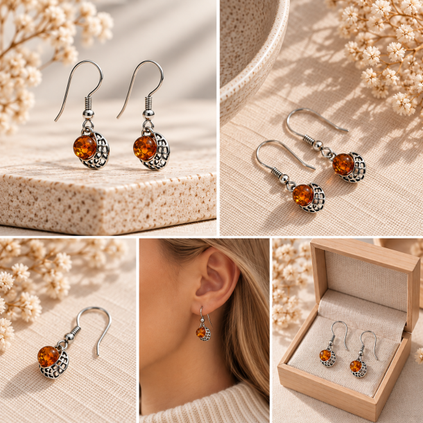 Rav �reringe med M�ne i 925 Sterling S�lv � Cognac Rav