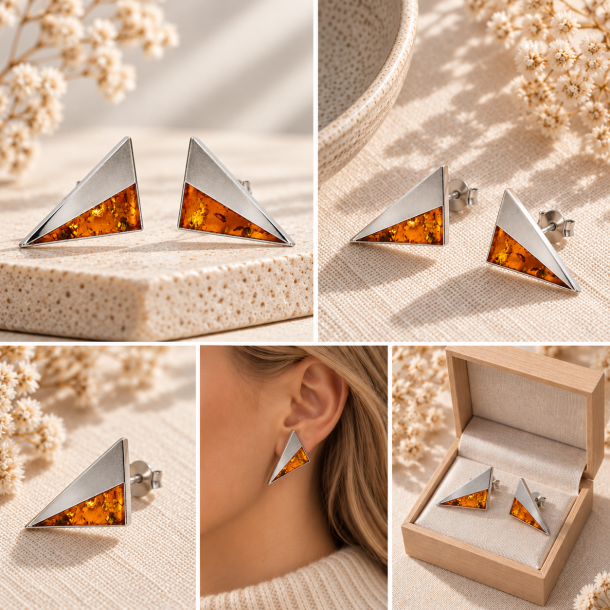 Moderne Trekantede Rav �restikker i Cognac Rav og 925 Sterling S�lv