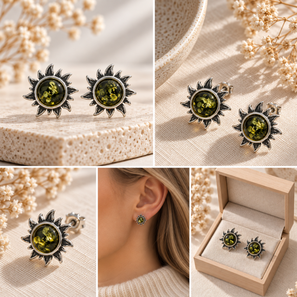Sol �restikker med Gr�n Rav og 925 Sterling S�lv