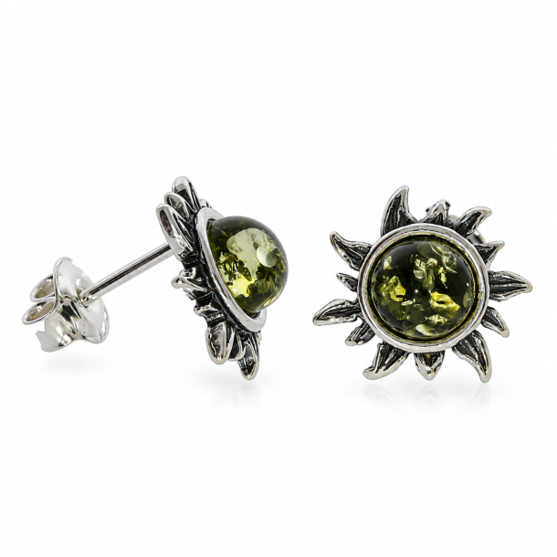 Sol �restikker med Gr�n Rav og 925 Sterling S�lv