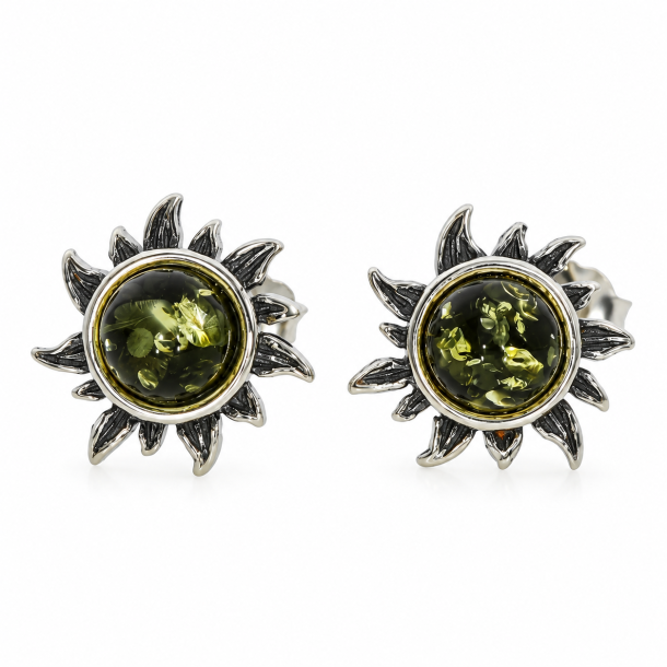Sol �restikker med Gr�n Rav og 925 Sterling S�lv