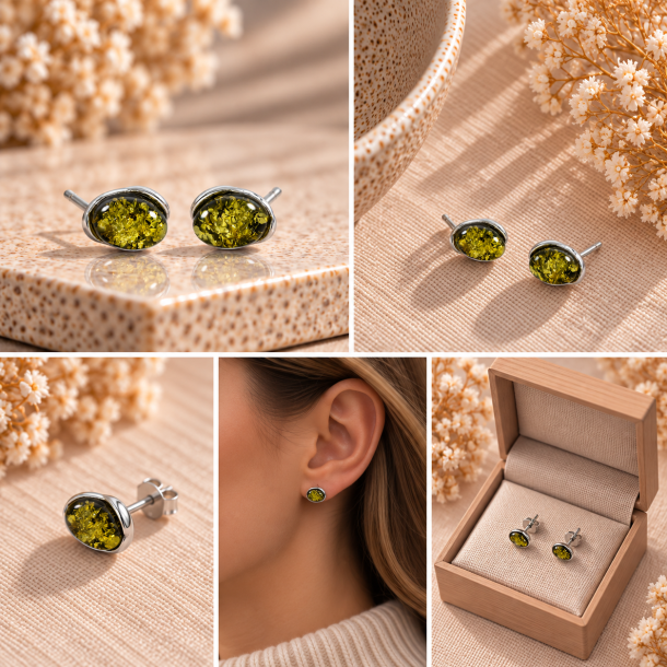 Ovale Ohrstecker mit Echtem Gr�nen Bernstein und Silber � Elegantes Naturdesign