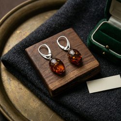 �gte Rav �reringe i Sterling S�lv � H�ndlavede Cognac Rav Dr�ber